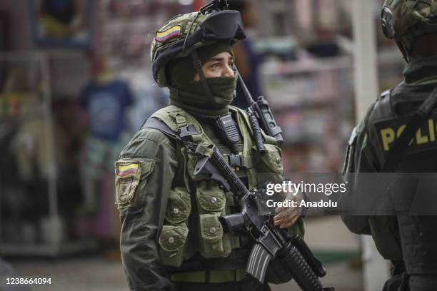 Colombian National Police members at the checkpoint on the streets at the Colombian-Venezuelan border in Saravena, Colombia on February 20, 2022. The...