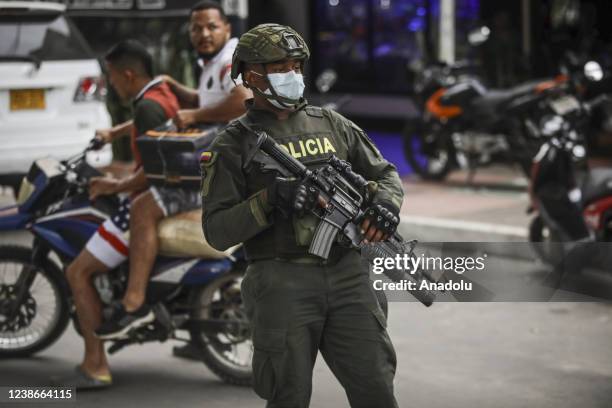 Colombian National Police members at the checkpoint on the streets at the Colombian-Venezuelan border in Saravena, Colombia on February 20, 2022. The...
