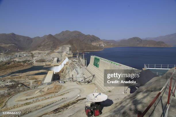 View of Grand Ethiopian Renaissance Dam, a massive hydropower plant on the River Nile that neighbors Sudan and Egypt, as the dam started to produce...