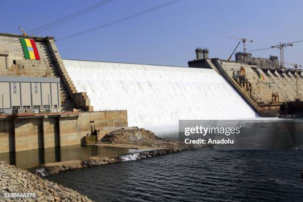 View of Grand Ethiopian Renaissance Dam, a massive hydropower plant on the River Nile that neighbors Sudan and Egypt, as the dam started to produce...