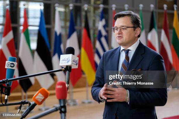 Ukrainian Minister of Foreign Affairs Dmytro Ivanovych Kuleba talks to media prior an EU Foreign affairs Ministers meeting, in the Europa building,...