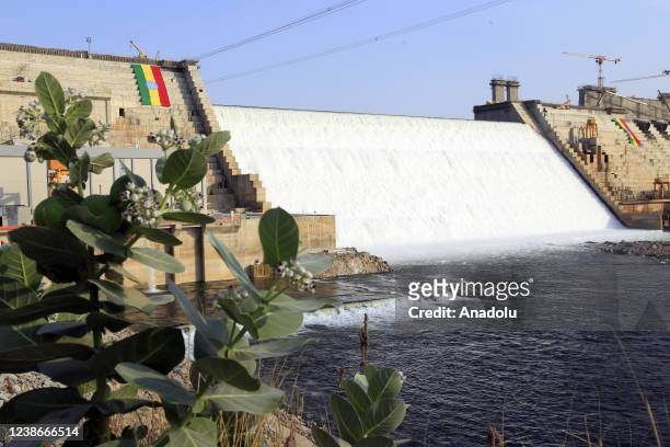 View of Grand Ethiopian Renaissance Dam, a massive hydropower plant on the River Nile that neighbors Sudan and Egypt, as the dam started to produce...