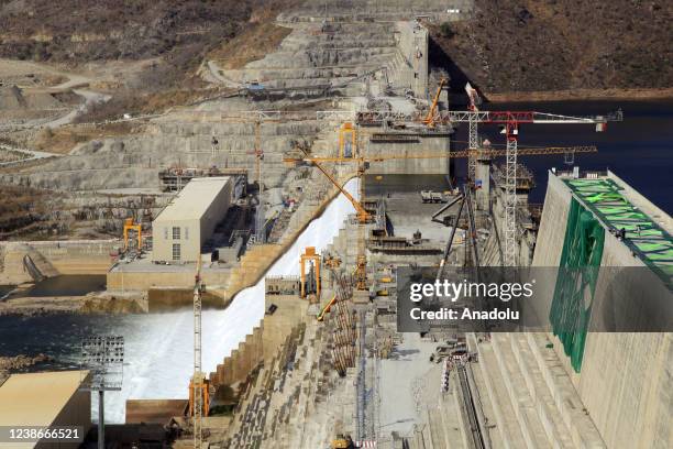 View of Grand Ethiopian Renaissance Dam, a massive hydropower plant on the River Nile that neighbors Sudan and Egypt, as the dam started to produce...