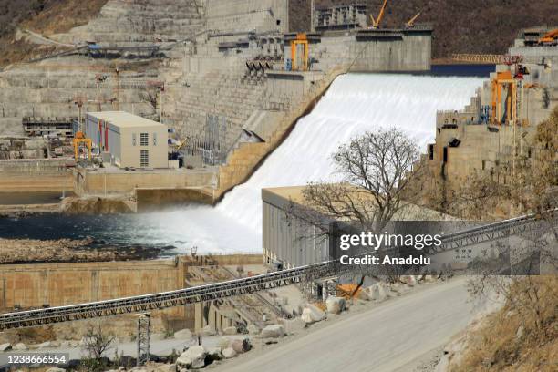 View of Grand Ethiopian Renaissance Dam, a massive hydropower plant on the River Nile that neighbors Sudan and Egypt, as the dam started to produce...