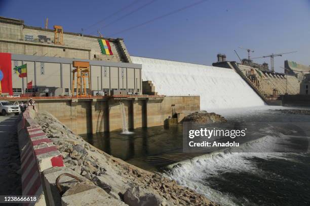 View of Grand Ethiopian Renaissance Dam, a massive hydropower plant on the River Nile that neighbors Sudan and Egypt, as the dam started to produce...