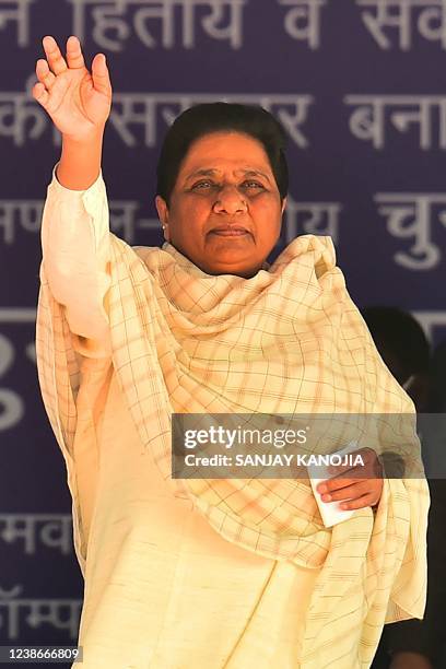 Bahujan Samaj Party chief Mayawati waves as she arrives to address an election rally ahead of Uttar Pradesh state assembly elections, in Allahabad on...