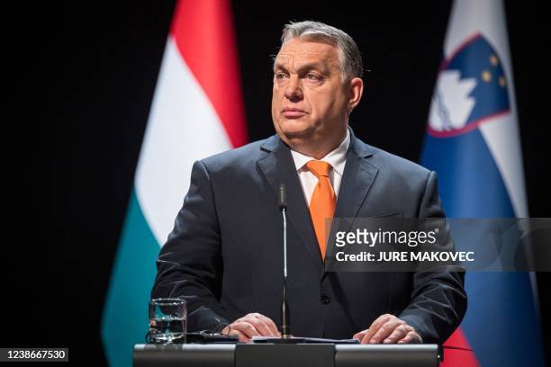 Hungary's Prime minister Viktor Orban attends a joint press conference with Slovenia's counterpart Janez Jansa after a meeting in Lendava, a city...