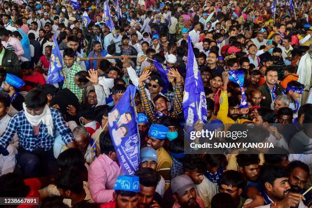 Supporters of Bahujan Samaj Party listen to BSP chief Mayawati during an election rally in Allahabad on February 21 ahead of Uttar Pradesh state...