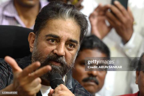 Indian cinema actor and founder of 'Makkal Needhi Mayyam' party Kamal Haasan speaks during a news conference in Chennai on February 21 on the...