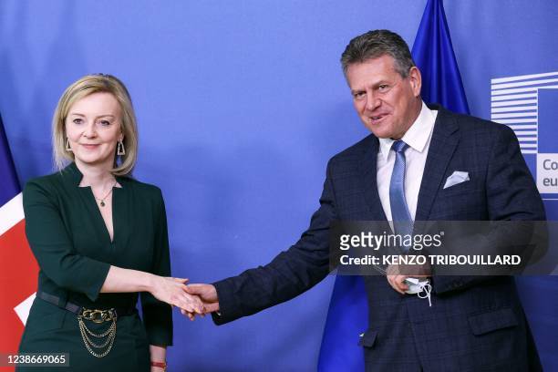 Vice-President of the European Commission for Interinstitutional Relations Maros Sefcovic welcomes British Foreign Secretary Liz Truss prior to an...