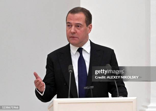 Deputy chairman of the Russian Security Council Dmitry Medvedev speaks during a meeting with members of the Security Council in Moscow on February...