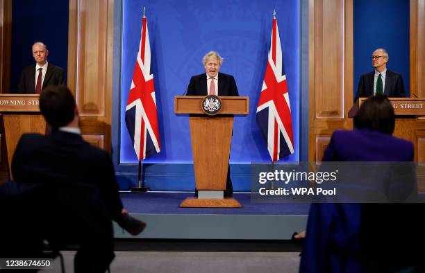 Chief Medical Officer, Sir Chris Whitty, Prime Minister, Boris Johnson and Chief Scientific Adviser, Sir Patrick Vallance address the nation during a...