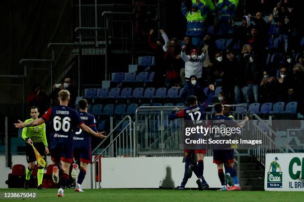 Matteo Lovato of Cagliari, Raoul Bellanova of Cagliari, Gaston Pereiro of Cagliari celebrates 1-0 during the Italian Serie A match between Cagliari...