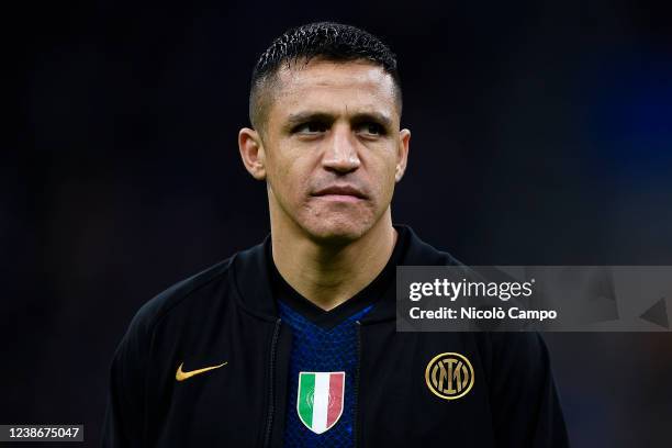 Alexis Sanchez of FC Internazionale looks on prior to the Serie A football match between FC Internazionale and US Sassuolo. US Sassuolo won 2-0 over...