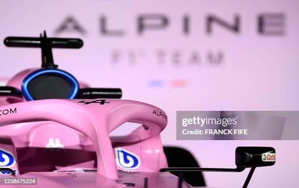 Picture taken at the Palais de Tokyo, in Paris on February 21 shows a view of the Alpine F1 team's A522 new racing car for the upcoming Formula One...