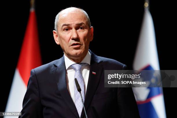 Slovenian Prime Minister Janez Jansa speaks at a press conference after signing an agreement with Hungarian Prime Minister Viktor Orban on...