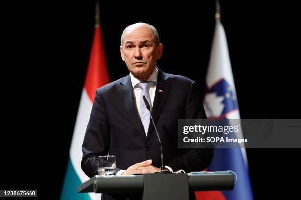 Slovenian Prime Minister Janez Jansa attends a press conference after signing an agreement with Hungarian Prime Minister Viktor Orban on cross-border...