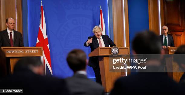 Chief Medical Officer, Sir Chris Whitty, Prime Minister, Boris Johnson and Chief Scientific Adviser, Sir Patrick Vallance address the nation during a...