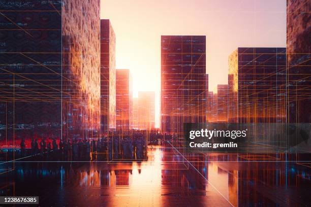 multitud de personas en la ciudad futurista - conformidad fotografías e imágenes de stock
