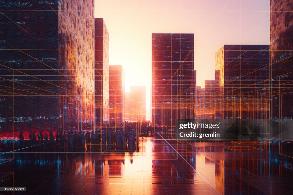 Crowds of people in futuristic city