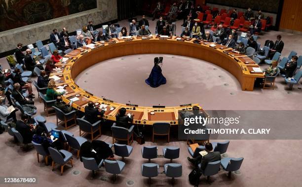 Ambassador to the UN Linda Thomas-Greenfield speaks during an emergency meeting of the UN Security Council on the Ukraine crisis, in New York,...