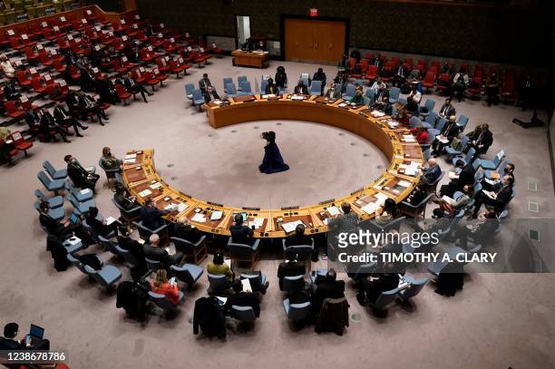 Ambassador to the UN Linda Thomas-Greenfield speaks during an emergency meeting of the UN Security Council on the Ukraine crisis, in New York,...