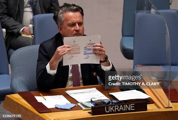 Permanent Representative of Ukraine to the United Nations Sergiy Kyslytsya speaks during an emergency meeting of the UN Security Council on the...