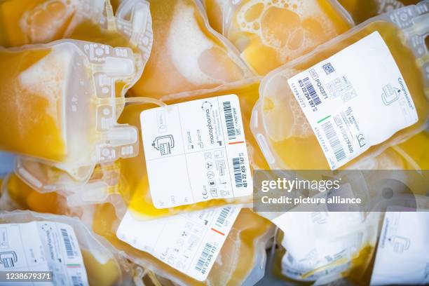 February 2022, North Rhine-Westphalia, Hagen: Blood plasma lies in a box in the central laboratory of the DRK blood donation service for hospitals...