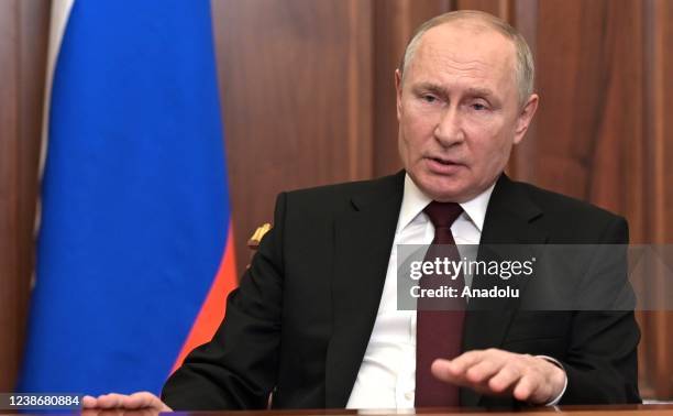 Russia's President Vladimir Putin addresses the nation in Moscow, Russia on February 22, 2022.