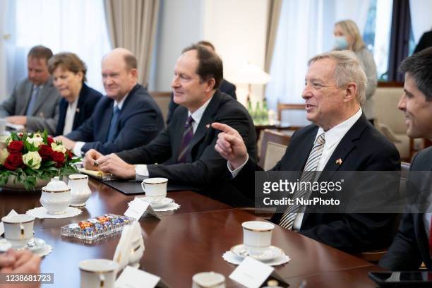 United States Senator Jeanne Shaheen, Senator Chris Coons, Ambassador to Poland Mark Brzezinski and Senator Dick Durbin during the visit in the...