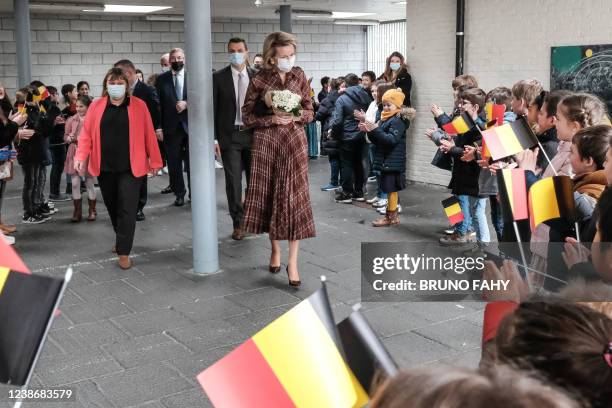 Queen Mathilde of Belgium arrives for a royal visit to the Bouge communal primary school, as part of the week against school bullying, Tuesday 22...