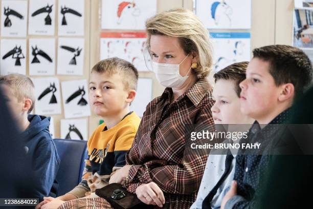 Queen Mathilde of Belgium pictured during a royal visit to the Bouge communal primary school, as part of the week against school bullying, Tuesday 22...