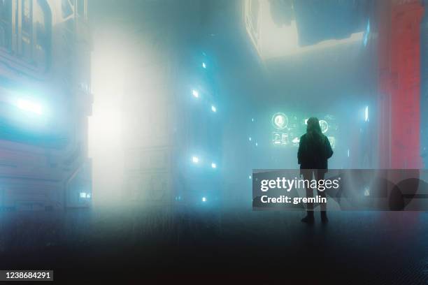 woman in futuristic city - hologram projection stock pictures, royalty-free photos & images