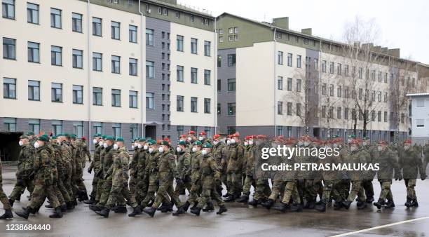 Soldiers of the German armed forces Bundeswehr take part in a ceremony during the visit of the German Defence Minister at the leadership of the...