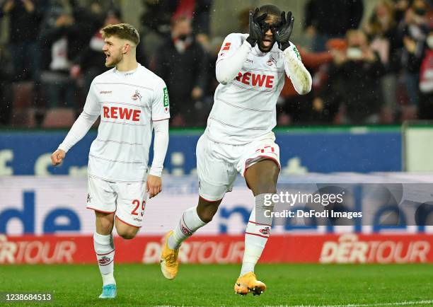 Jan Thielmann of 1. FC Koeln and Anthony Modeste of 1. FC Koeln celebrates after scoring his teams first goal during the Bundesliga match between 1....