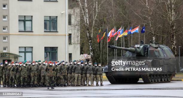 Soldiers of the German armed forces Bundeswehr take part in a ceremony during the visit of the German Defence Minister at the leadership of the...