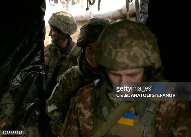 Ukrainian servicemen are seen at a position on the front line with Russia-backed separatists near the settlement of Troitske in the Lugansk region on...