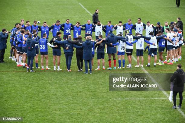 France's XV de France players take part in captain run in Marcoussis on February 22, 2022 ahead of the Six Nations rugby union tournament match...