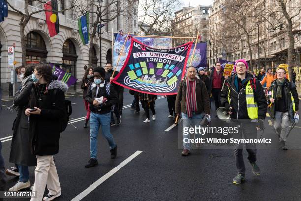 Lecturers, trade unionists and students march through central London in solidarity with higher education strikes taking place at 68 British...