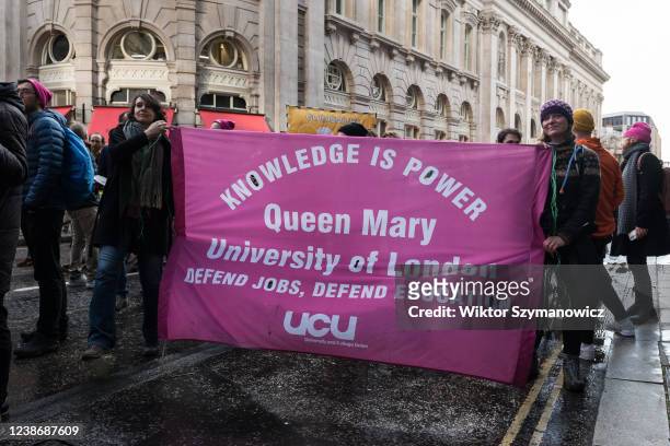 Lecturers, trade unionists and students protest outside the Universities Superannuation Scheme HQ in the City of London, in solidarity with higher...