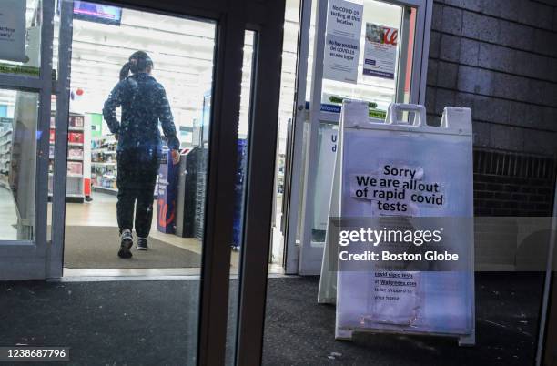 Somerville A sign informing customers that a Walgreens in Somerville, MA has sold out of rapid tests is seen at the entrance to their store on Dec....