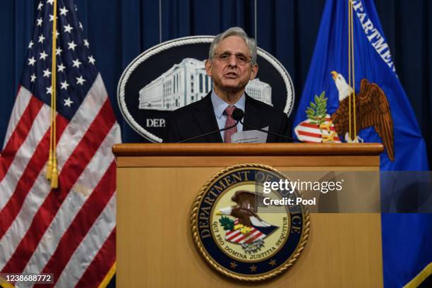 Attorney General Merrick Garland speaks to the press following the conviction on federal hate crime charges of the three killers of Ahmaud Arbery on...