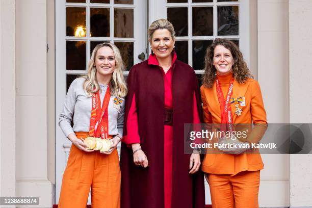 Queen Maxima of The Netherlands with ice skaters Irene Schouten and Ireen Wust during the visit of the Dutch Medal winners of the Olympic Winter...