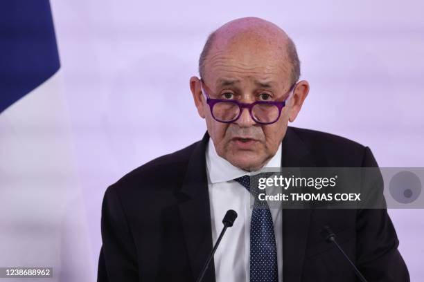 France's European and Foreign Affairs Minister Jean-Yves Le Drian speaks during a joint press conference with High Representative of the European...