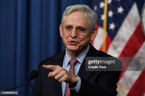 Attorney General Merrick Garland speaks to the press following the conviction on federal hate crime charges of the three killers of Ahmaud Arbery on...