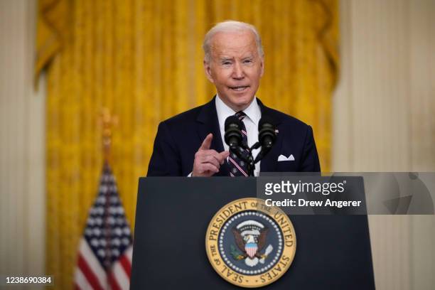 President Joe Biden delivers remarks on developments in Ukraine and Russia, and announces sanctions against Russia, from the East Room of the White...