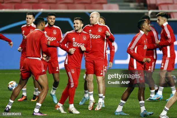 Sebastien Haller of Ajax, Noussair Mazraoui of Ajax, Dusan Tadic of Ajax, Davy Klaassen of Ajax, Ryan Gravenberch of Ajax during the press conference...