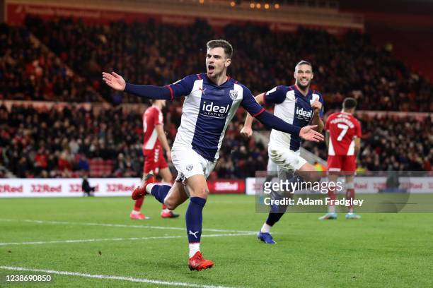 Jayson Molumby of West Bromwich Albion celebrates after scoring a goal to make it 0-1 during the Sky Bet Championship match between Middlesbrough and...