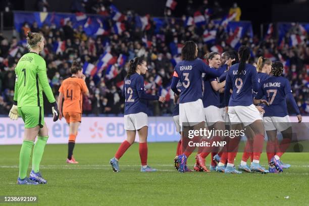 Wendie Renard of France women celebrate 1-0 during the international women's friendly match between France and the Netherlands at Stade Oceane on...