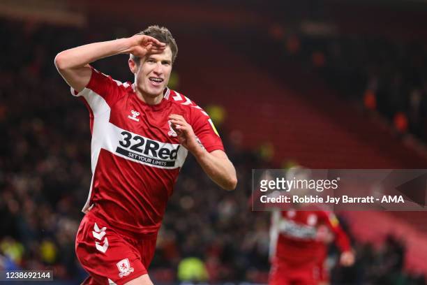 Paddy McNair of Middlesbrough celebrates after scoring a goal to make it 1-1 during the Sky Bet Championship match between Middlesbrough and West...